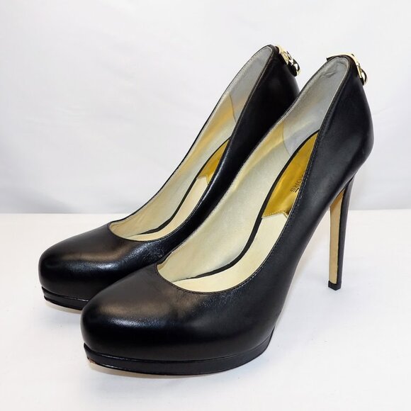 Michael Kors HAMILTON Black Leather Stiletto Pump Heels with Gold MK Size 8.5 - Picture 1 of 12